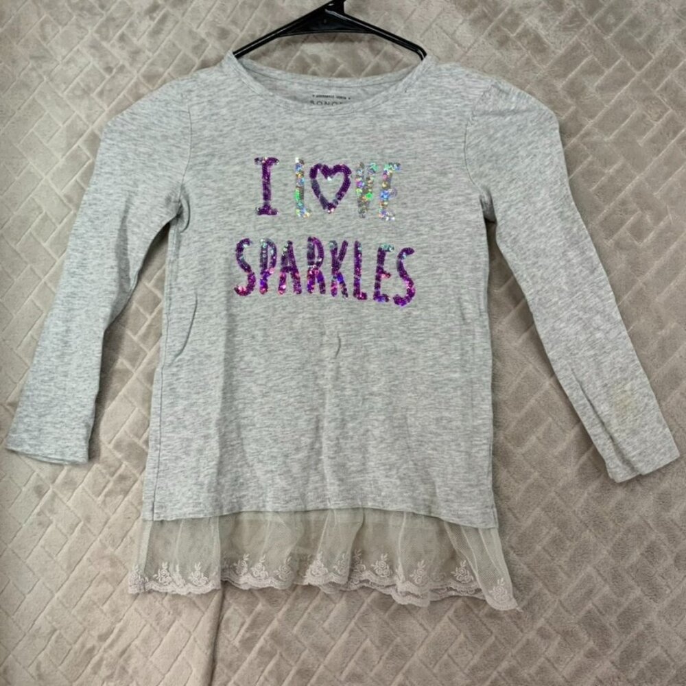 Sonoma Girls 5 T Shirt Gray Long Sleeve Sparkles Ruffle Lace Heart